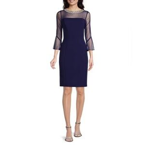 NWT Alex Evenings Size 4 Illusion 3/4 Mesh Bell Sleeve Boat Neck Crepe Sheath